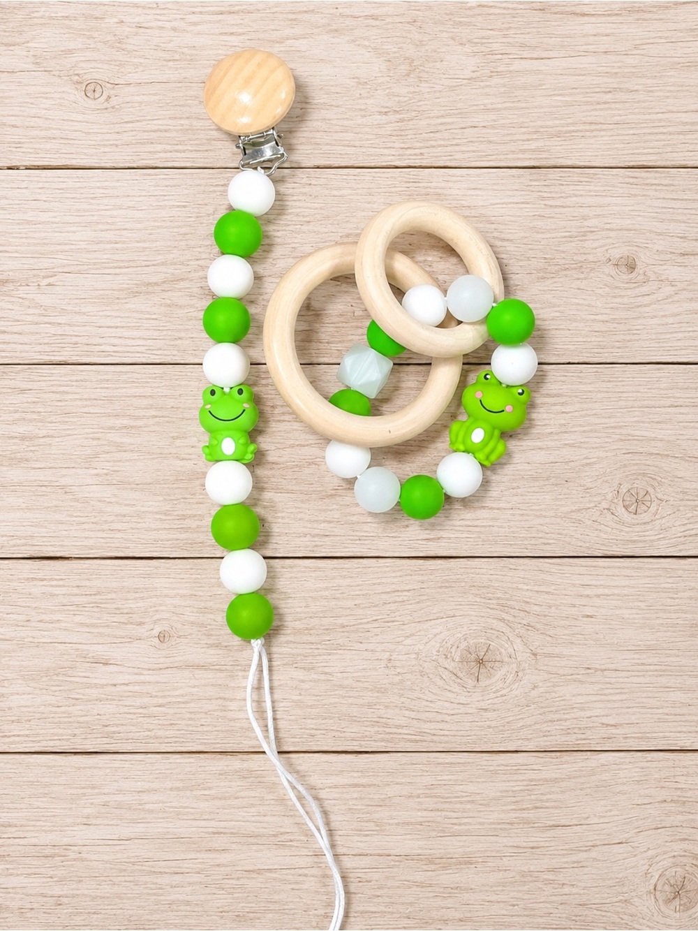 Green Frog Pacifier Clip and Teether Set - Baby Accessory